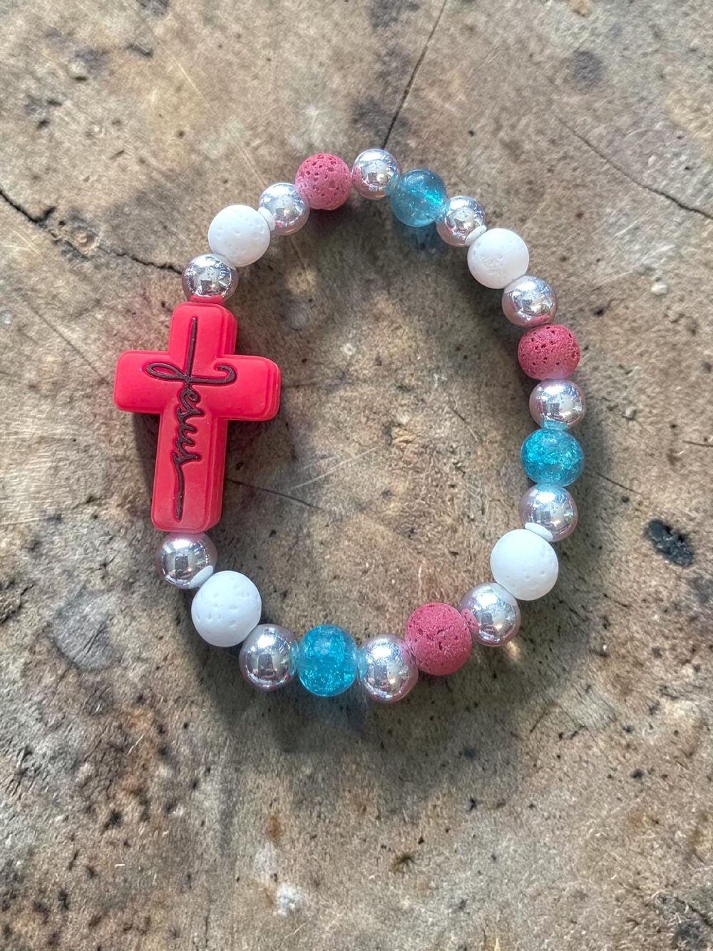 Styleandstone Red White Blue Lava Rock Cross Bracelet